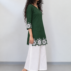 Women's Embroidered Cotton Kurta with Off-White Farshi Salwar Set