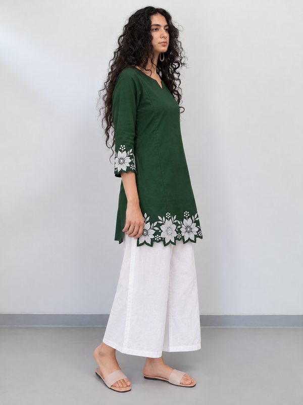 Women's Embroidered Cotton Kurta with Off-White Farshi Salwar Set
