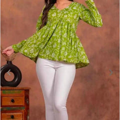 Women’s Red Rayon Floral Printed V-Neck Flared Top