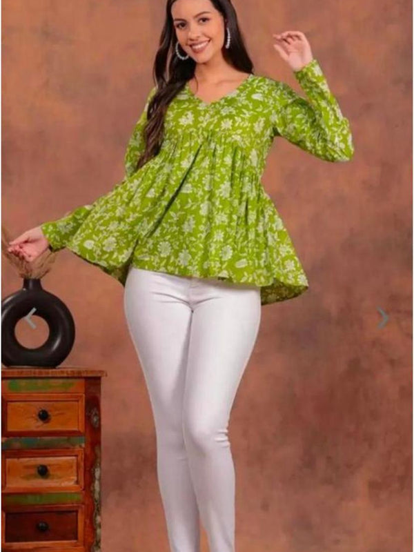 Women’s Red Rayon Floral Printed V-Neck Flared Top
