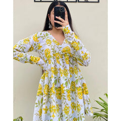Women’s Yellow Rayon Floral Printed V-Neck Flared Top