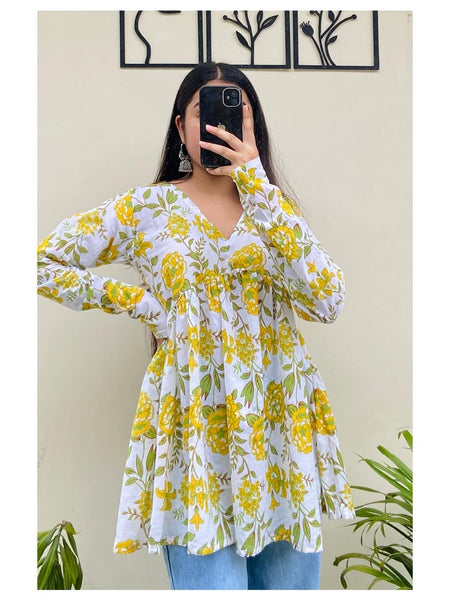 Women’s Yellow Rayon Floral Printed V-Neck Flared Top