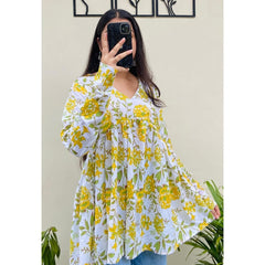 Women’s Yellow Rayon Floral Printed V-Neck Flared Top