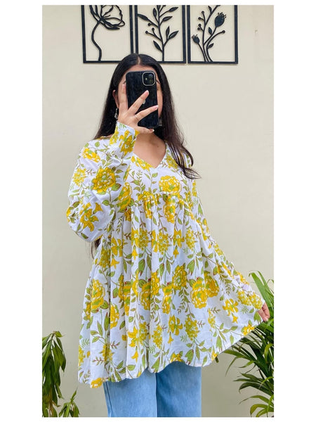 Women’s Yellow Rayon Floral Printed V-Neck Flared Top