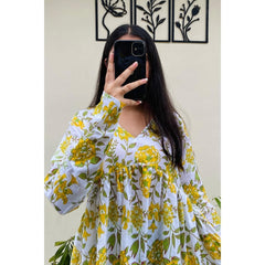 Women’s Yellow Rayon Floral Printed V-Neck Flared Top
