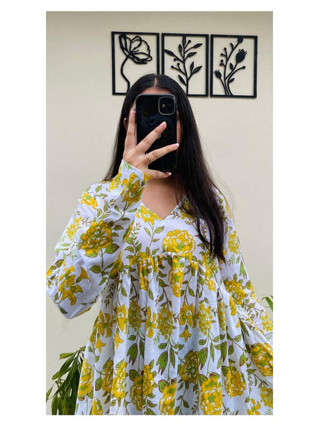 Women’s Yellow Rayon Floral Printed V-Neck Flared Top