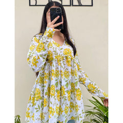 Women’s Yellow Rayon Floral Printed V-Neck Flared Top