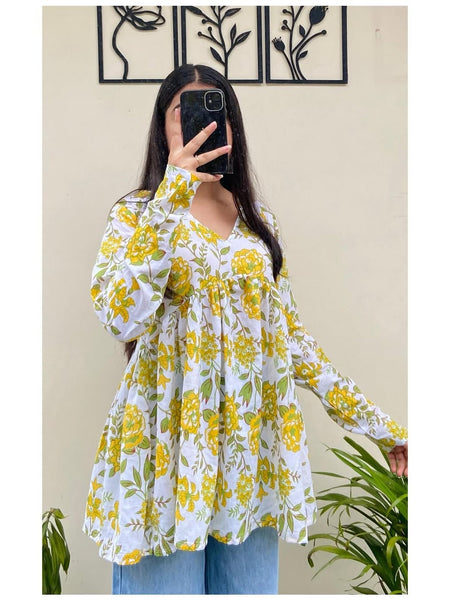 Women’s Yellow Rayon Floral Printed V-Neck Flared Top