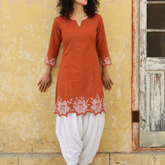 Women's Embroidered Cotton Kurta with Off-White Farshi Salwar Set