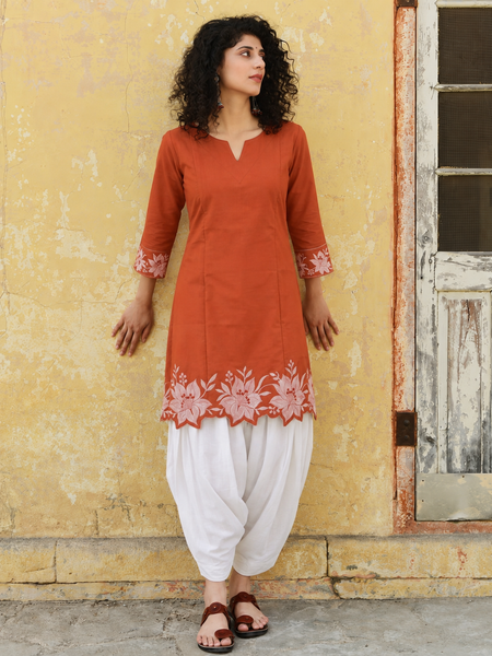 Women's Embroidered Cotton Kurta with Off-White Farshi Salwar Set