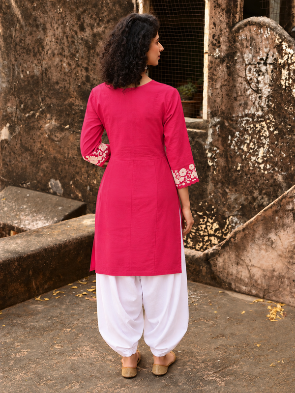 Women's Embroidered Cotton Kurta with Off-White Farshi Salwar Set