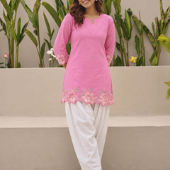 Women's Embroidered Cotton Kurta with Off-White Farshi Salwar Set