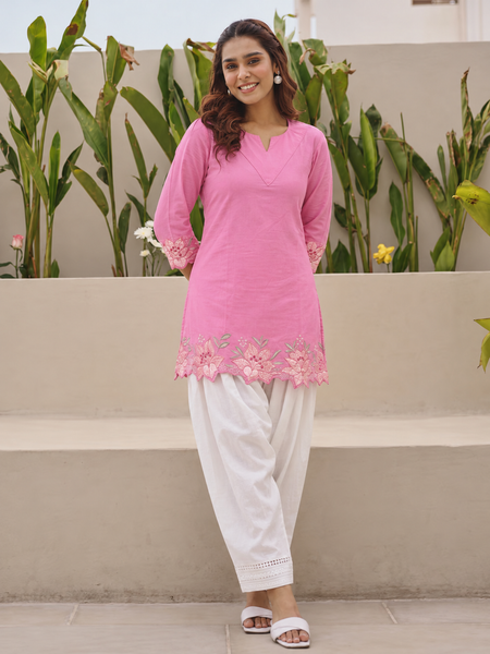 Women's Embroidered Cotton Kurta with Off-White Farshi Salwar Set