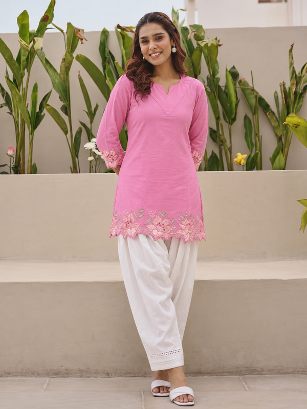 Women's Embroidered Cotton Kurta with Off-White Farshi Salwar Set