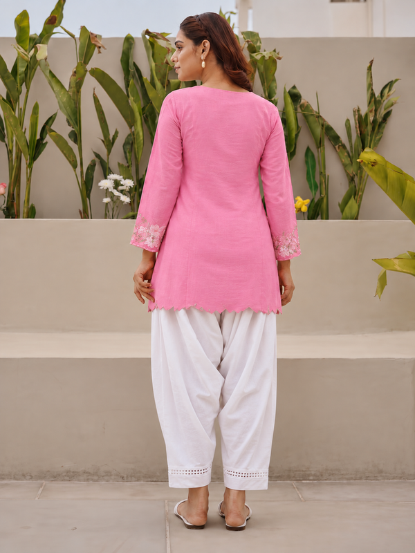 Women's Embroidered Cotton Kurta with Off-White Farshi Salwar Set