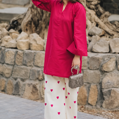 Fuchsia Pink Kurta & Heart Print Wide-Leg Pants Co-ord Set