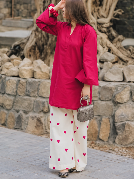 Fuchsia Pink Kurta & Heart Print Wide-Leg Pants Co-ord Set