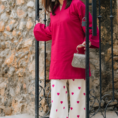 Fuchsia Pink Kurta & Heart Print Wide-Leg Pants Co-ord Set