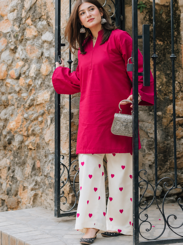 Fuchsia Pink Kurta & Heart Print Wide-Leg Pants Co-ord Set