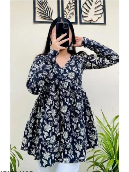 Women’s Black Rayon Floral Printed V-Neck Flared Top