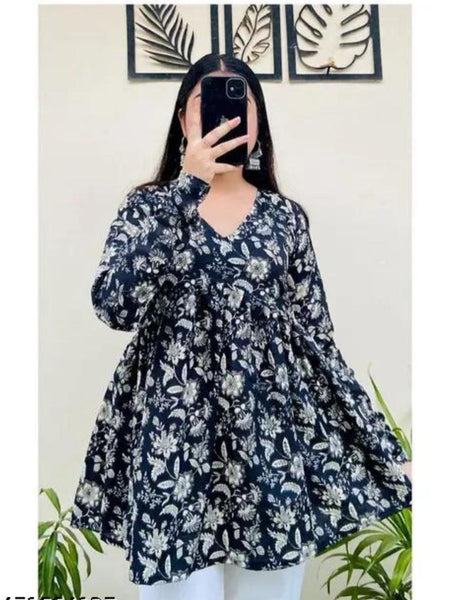 Women’s Black Rayon Floral Printed V-Neck Flared Top