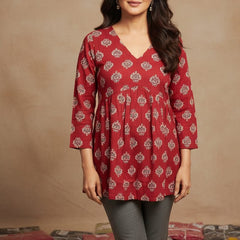 Women’s Maroon Rayon Printed V-Neck Flared Casual Top