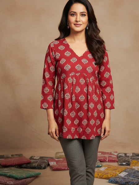 Women’s Maroon Rayon Printed V-Neck Flared Casual Top