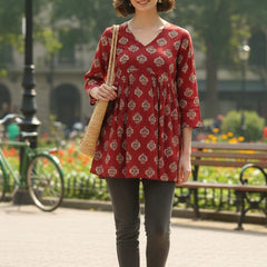 Women’s Maroon Rayon Printed V-Neck Flared Casual Top