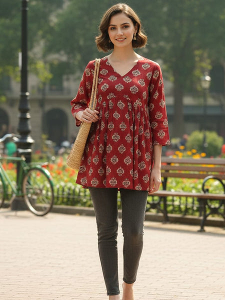 Women’s Maroon Rayon Printed V-Neck Flared Casual Top