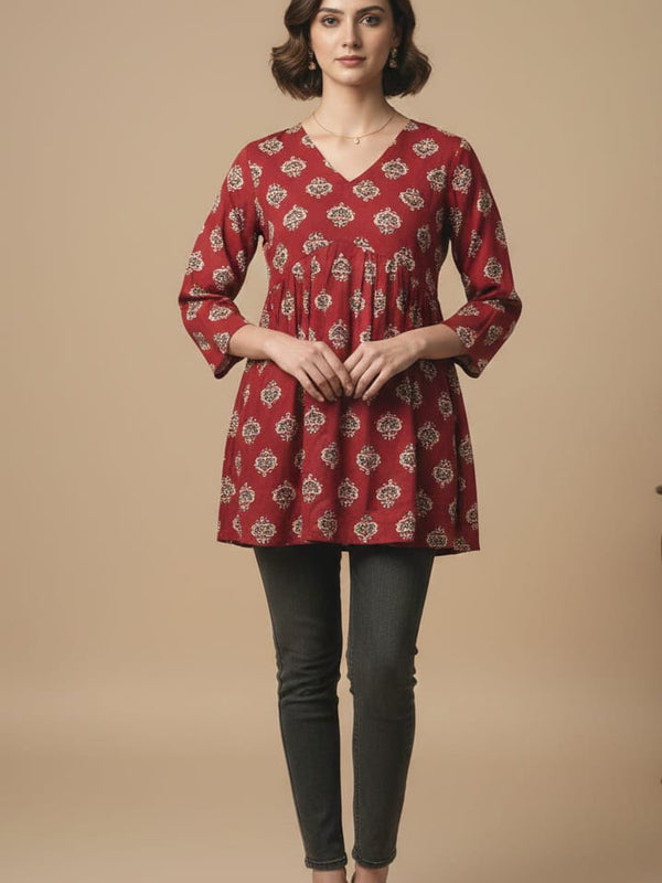 Women’s Maroon Rayon Printed V-Neck Flared Casual Top