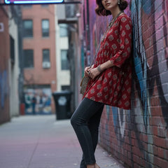 Women’s Maroon Rayon Printed V-Neck Flared Casual Top