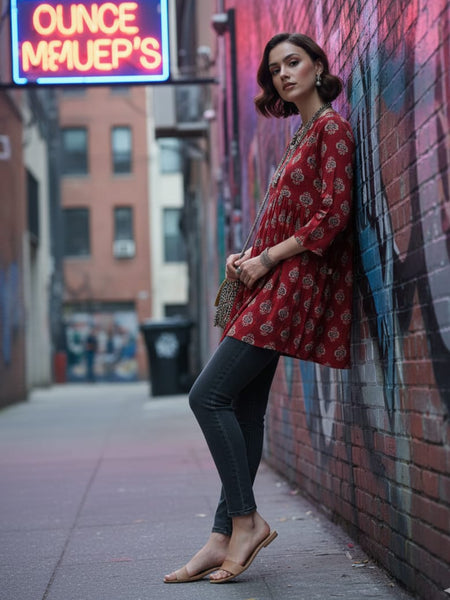 Women’s Maroon Rayon Printed V-Neck Flared Casual Top