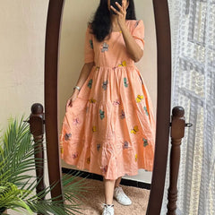 Women’s Peach Rayon Butterfly Print Midi Dress