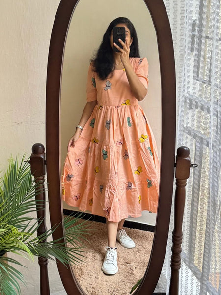 Women’s Peach Rayon Butterfly Print Midi Dress