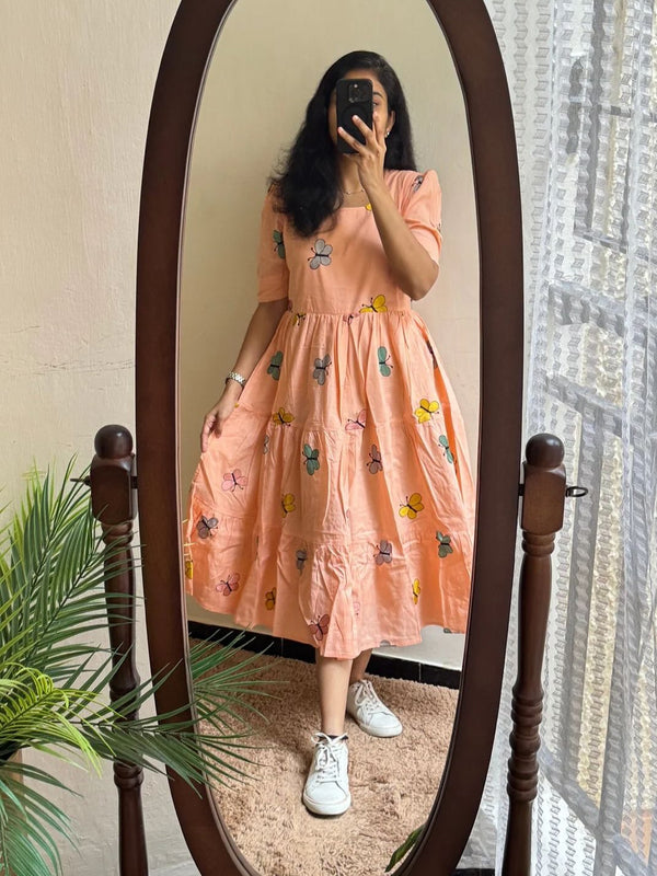 Women’s Peach Rayon Butterfly Print Midi Dress
