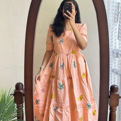 Women’s Peach Rayon Butterfly Print Midi Dress