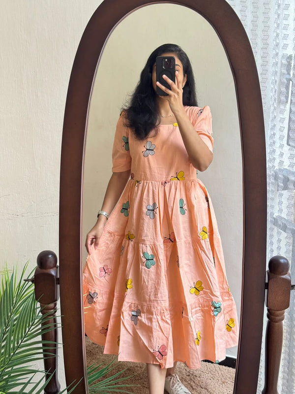 Women’s Peach Rayon Butterfly Print Midi Dress