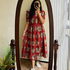 Women’s Peach Rayon Butterfly Print Midi Dress