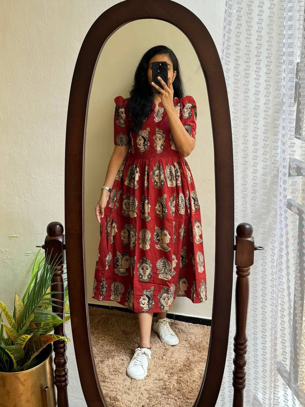 Women’s Peach Rayon Butterfly Print Midi Dress