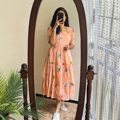 Women’s Peach Rayon Butterfly Print Midi Dress