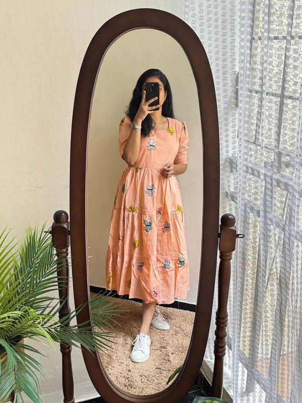 Women’s Peach Rayon Butterfly Print Midi Dress