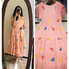 Women’s Peach Rayon Butterfly Print Midi Dress