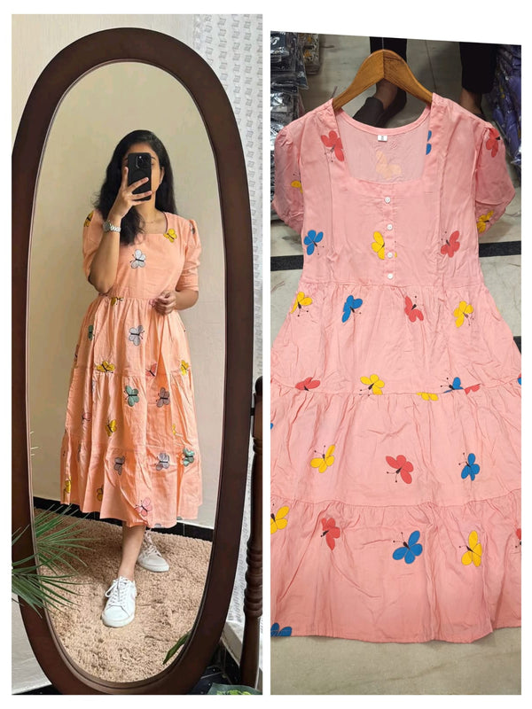 Women’s Peach Rayon Butterfly Print Midi Dress