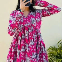 Women’s Pink Rayon Floral Printed V-Neck Casual Top