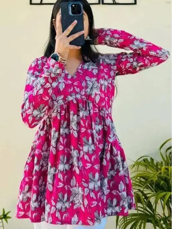 Women’s Pink Rayon Floral Printed V-Neck Casual Top