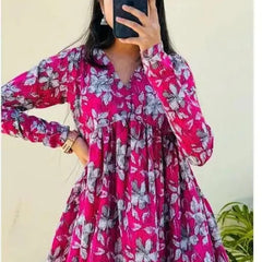 Women’s Pink Rayon Floral Printed V-Neck Casual Top