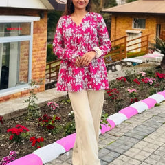 Women’s Pink Rayon Floral Printed V-Neck Casual Top