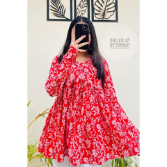 Women’s Red Rayon Floral Printed V-Neck Flared Top