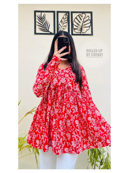 Women’s Red Rayon Floral Printed V-Neck Flared Top