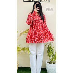 Women’s Red Rayon Floral Printed V-Neck Flared Top